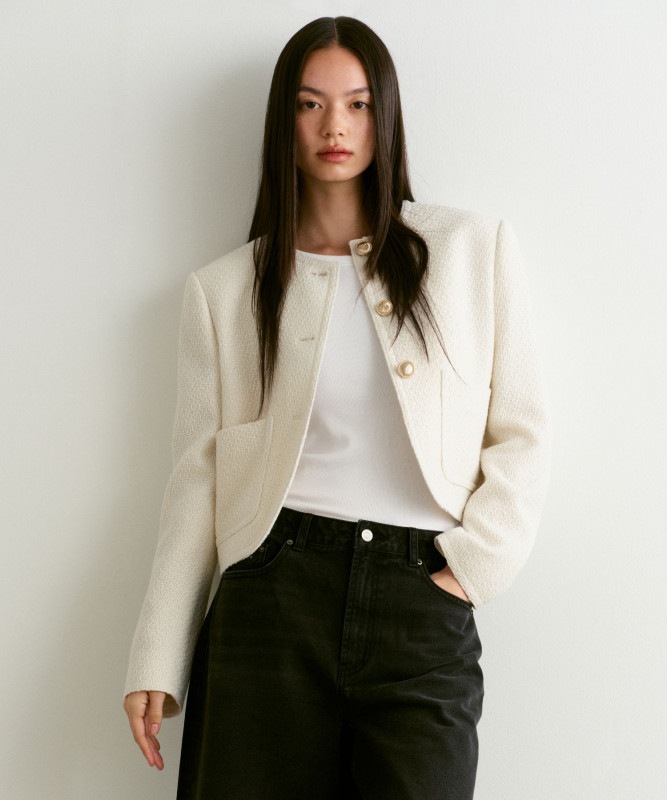 ウーマンズラウンドネックツイードジャケット【クリーム】