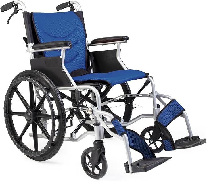 車椅子 自走式車いす 軽量車イス 折り畳み コンパクト アルミ製 自走介助兼用 手押し 軽い車椅子 背折れ 介助ブレーキ付 収納ポケット付き 自宅でも外出でも(ブルー)