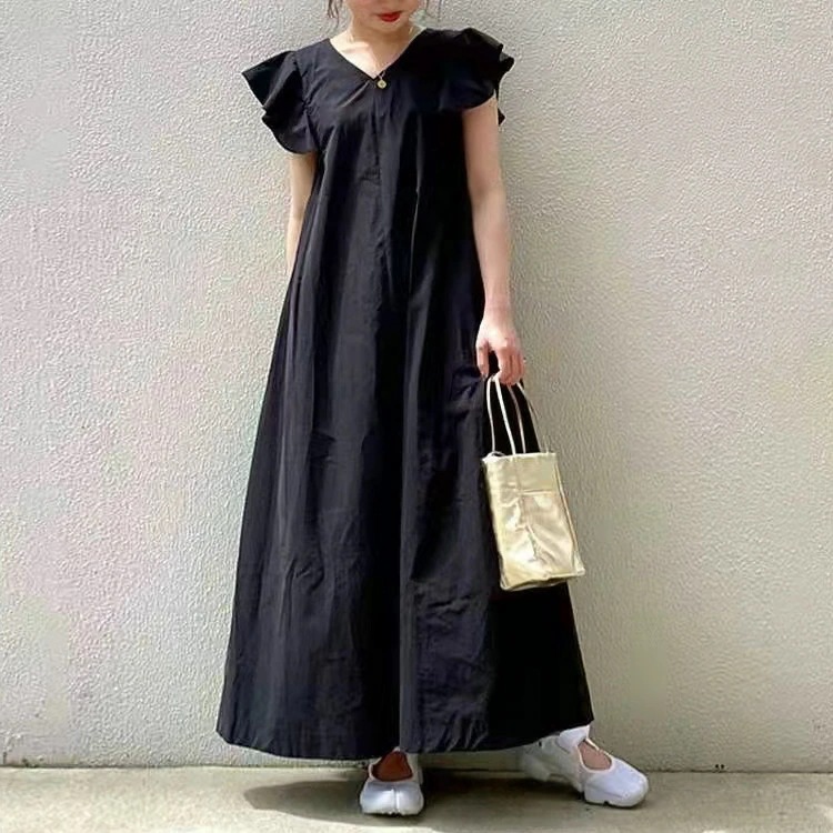 【今週だけお得】ワンピース ロング マキシ ワンピース 夏 きれいめ Vネック レディース 無袖 黒