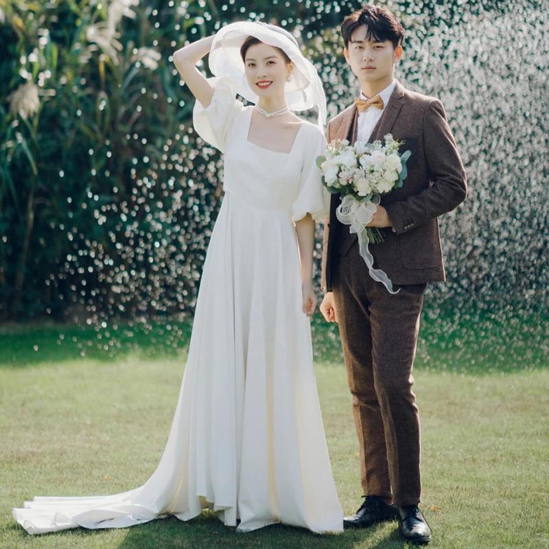 ウェディングドレス二次会結婚式ブライダルロングドレススクエアネックサテントレーン前撮り海外挙式花嫁リゾートウェディングウエディングドレス