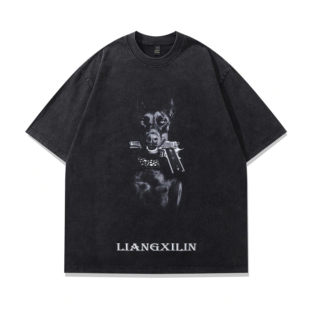 アメリカのハイストリートドーベルマンプリントウォッシュ加工ダメージコットン半袖Tシャツ男性と女性用ストリートファッションブランドレトロ半袖Tシャツ