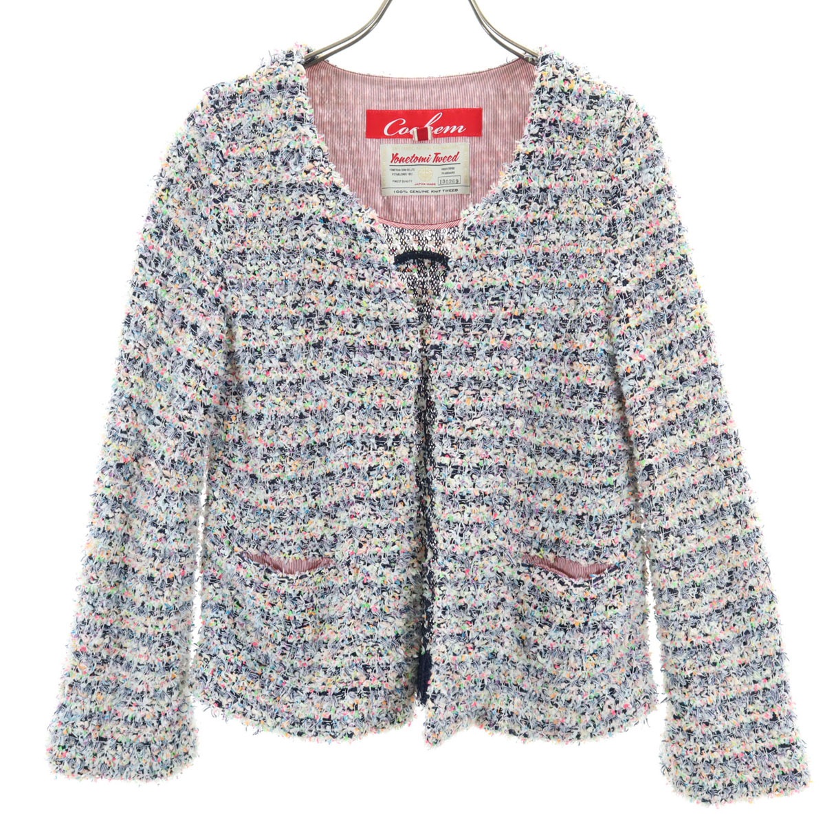 日本製 ヨネトミツイード ノーカラージャケット 36 マルチ メンズ 古着