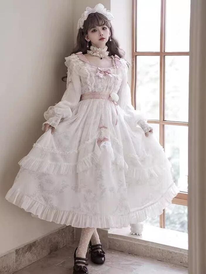 ロリータ ワンピース ゴスロリ ロリータ ドレス パフスリーブ ロング ミモレ丈 お姫様 ロリータ服 大人 可愛い 萌え萌え 甘ロリータ プリンセス LOLITA レース お花 リボン 裾フリル 光