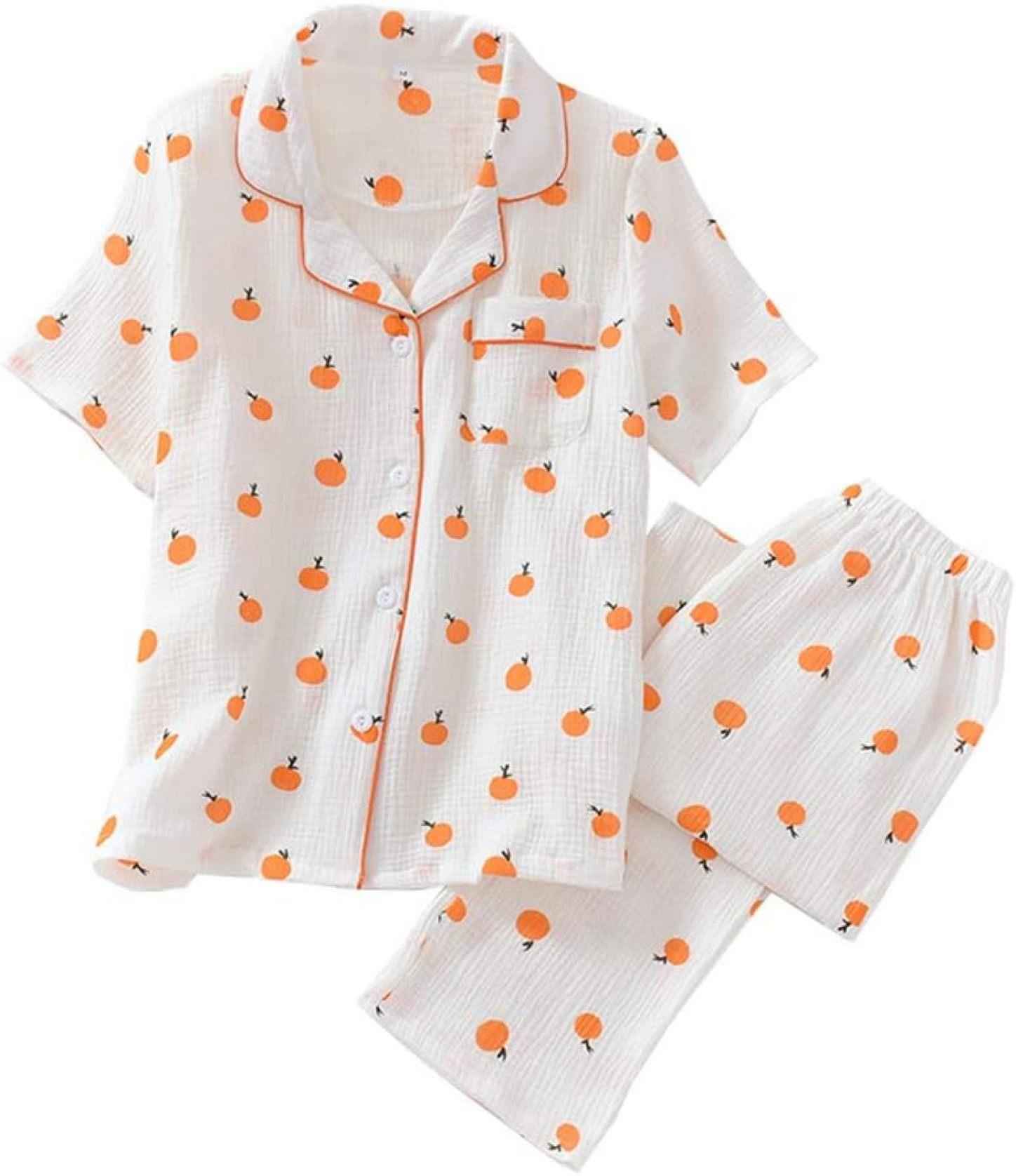 ルームウェア レディース 夏 半袖 ロングパンツ 上下セット パジャマ 女性 ガーゼ 綿100% 前開き 柔らかい 部屋着 可愛い みかんの柄 寝間着 通気 快適 ナイトウェア 5,152円