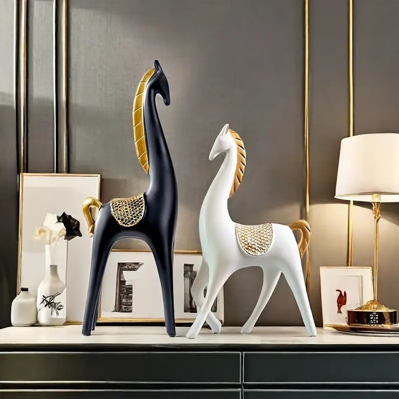 置物 2点セット 馬 オブジェ ホワイト ブラック カップル プレゼント 贈り物 リビングルーム 玄関 オフィス インテリア 本棚 フィギュア 4-7 5,103円