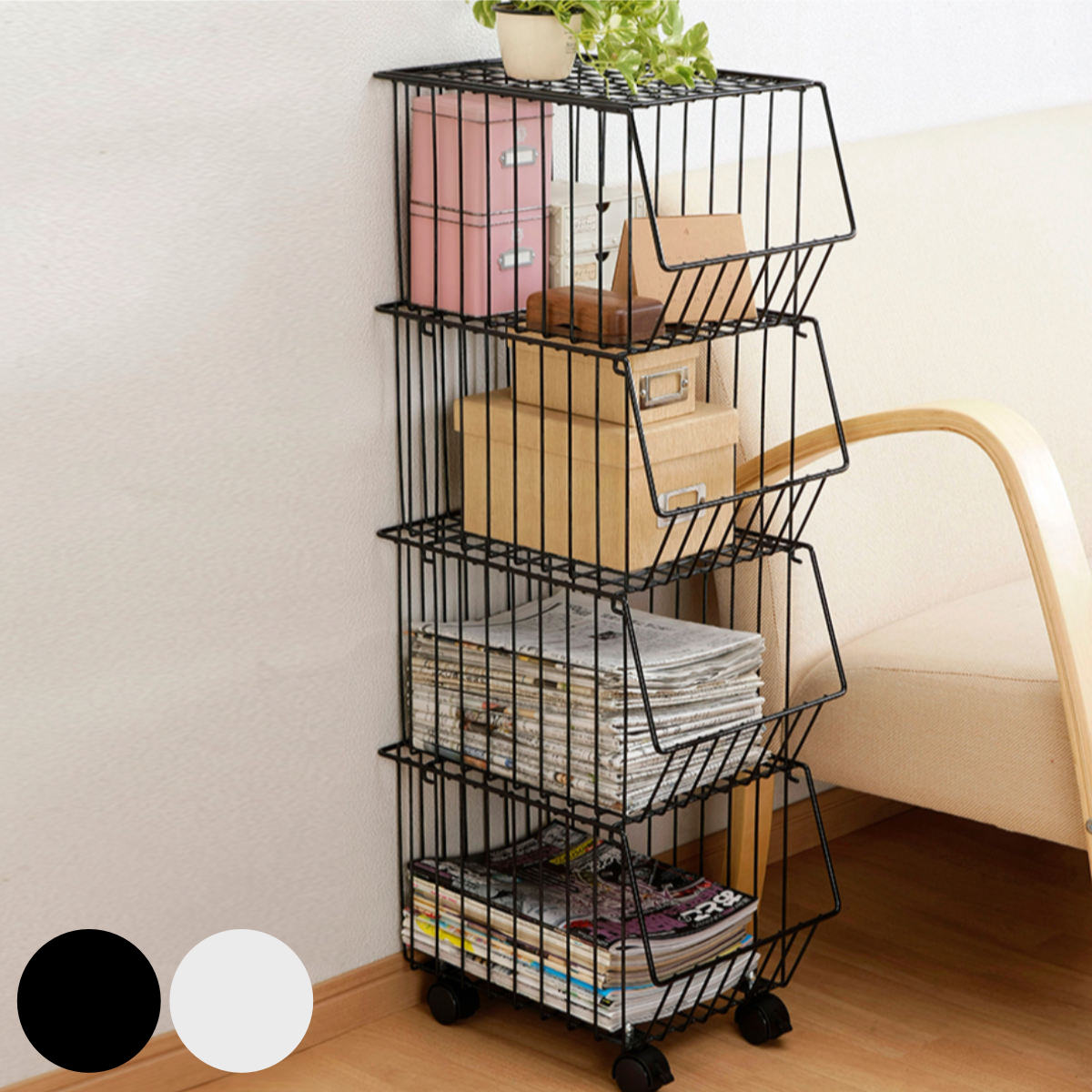 キッチンバスケット 上にも物が置けるスタッキングバスケット4段 日本製 燕三条 キャスター付き スチール スタッキングバスケット キッチンラック 四段 収納 バスケットワゴン