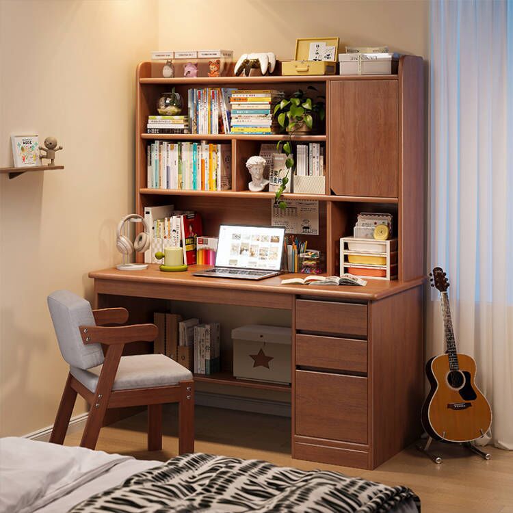 ソリッドウッドデスク学生ホームスタディライティングデスクベッドルーム本棚統合テーブルブックケース引き出し大人コンピューターデスク
