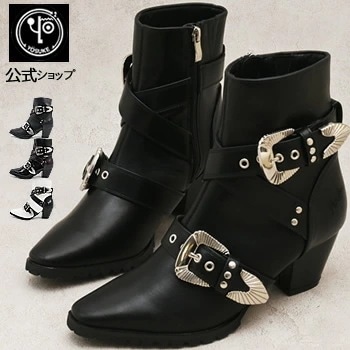ヨースケ バックル付きショートブーツ ウエスタンブーツ風 レディース 歩きやすい 5.6cmヒール 靴 　【公式SHOP特典キズ補修液付】