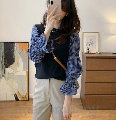 ドッキングシャツ レイヤード風トップス 重ね着風 シャツ レディース 長袖 トップス 春 秋 チェックシャツ チェック柄 ボリューム袖 大きいサイズ 大人可愛い ○ SYMBOL 韓国 シャツ ジレ 重ね着風 ドッキング シャツ ドッキング