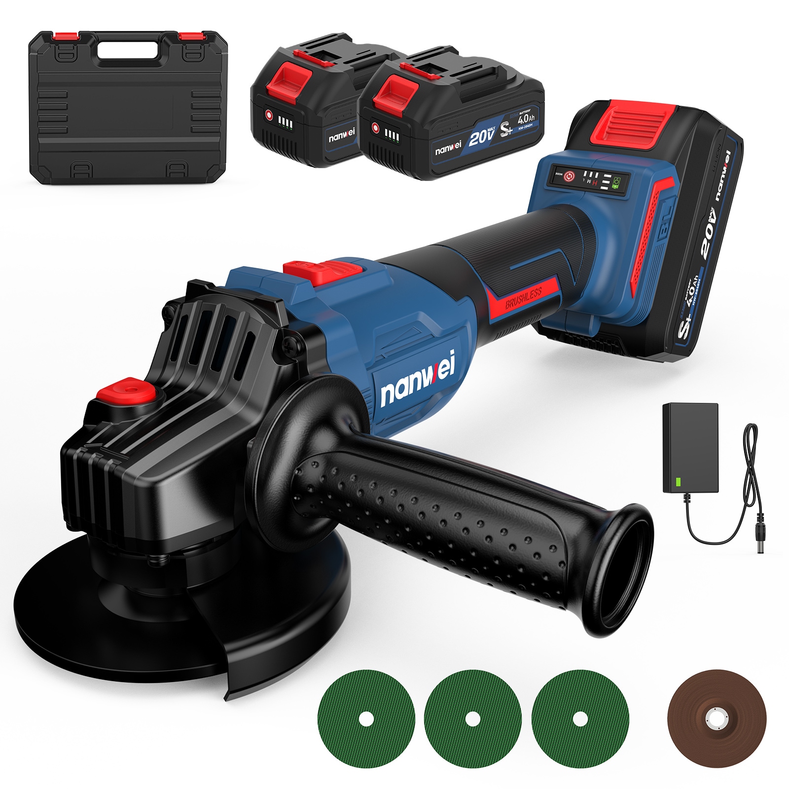 充電式ディスクグラインダー コードレスグラインダー ブラシレスモーター 4.0Ahバッテリー2個付き 三段階変速 切断・研削・研磨 マキタ18Vバッテリ互換