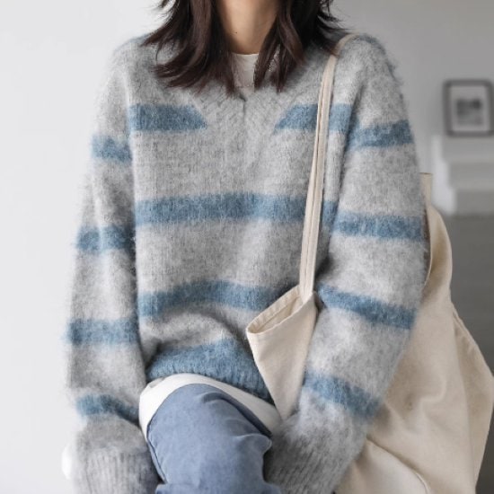 ニットセーター レディース トップス ニット セーター Ｖネック プルオーバー ボーダー 長袖 カジュアル お出かけ おしゃれ 秋冬 ルーズ ウール 厚手 暖かい ファッション