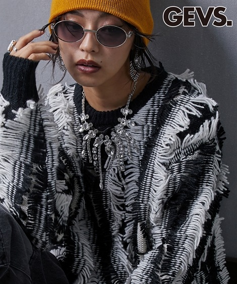 ニット カットジャガードクルーネックニットプルオーバー GEVS. 大きいサイズ対応