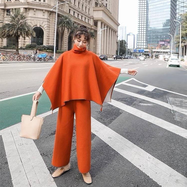 セットアップ レディース パンツ ポンチョ シャツ ハイネック ドルマンスリーブ 長袖 ゆったり パンツ ハイウエスト 楽ちん インパクト カジュアル パーティー かっこいい 大人っぽい 普段使い