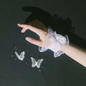 ロリータ 付け袖 つけ袖 レース ロリータ リボン付き チャーム ガールズ 腕飾り 刺繍 超キュート ゴスロリ おしゃれ フリル 手袋 オーガンジー お人形 甘ロリ 服アクセサリー 女の子 腕　レース