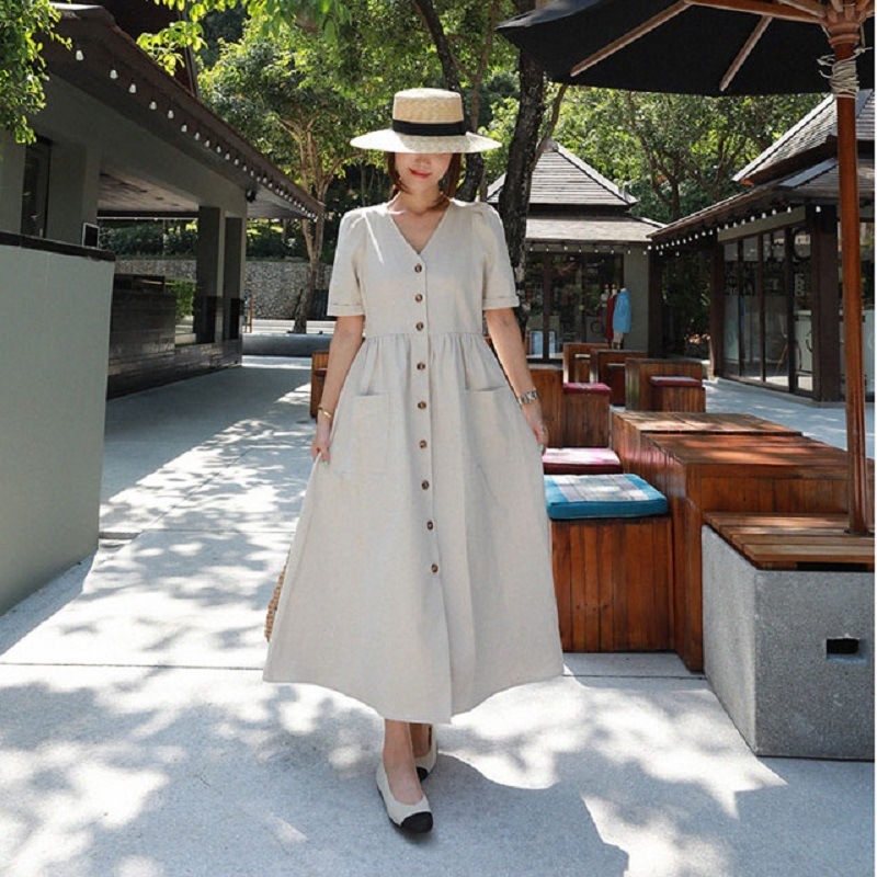 ワンピース ロング丈 袖あり フレア 半袖 Vネック ポケット ハイウエスト 薄手 ホワイト ブラック おしゃれ 大人 個性的 無地 春 夏 レディース 10代 20代 30代 普段使い お出かけ 5,621円