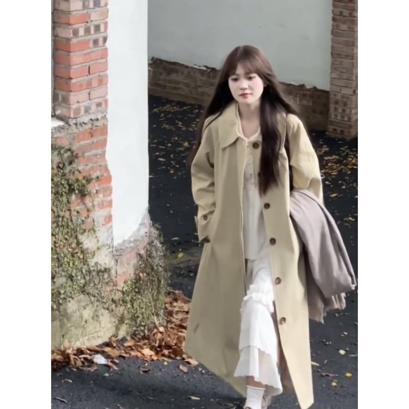 女の子のコート秋と冬のミニマリストスタイル韓国風ウインドブレーカーレディースカーキハイプロファイルミッドレングス気質コート