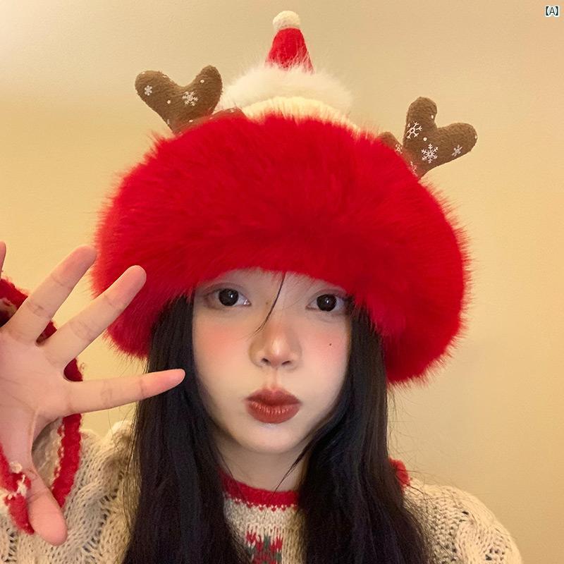 レディースファッション　ファッション小物　オシャレ レッド クリスマス 枝角 帽子 冬 かわいい 暖かい 厚手顔 明らか 小柄 ニット ウール