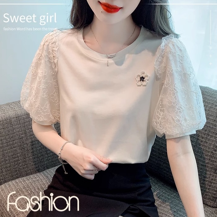 トップス Tシャツ プルオーバー 袖あり 半袖 ボリューム袖 ランタンスリーブ ラウンドネック 襟なし レース かわいい 大人可愛い きれいめ 大人 上品 おしゃれ レトロ 大人女子 こなれ感