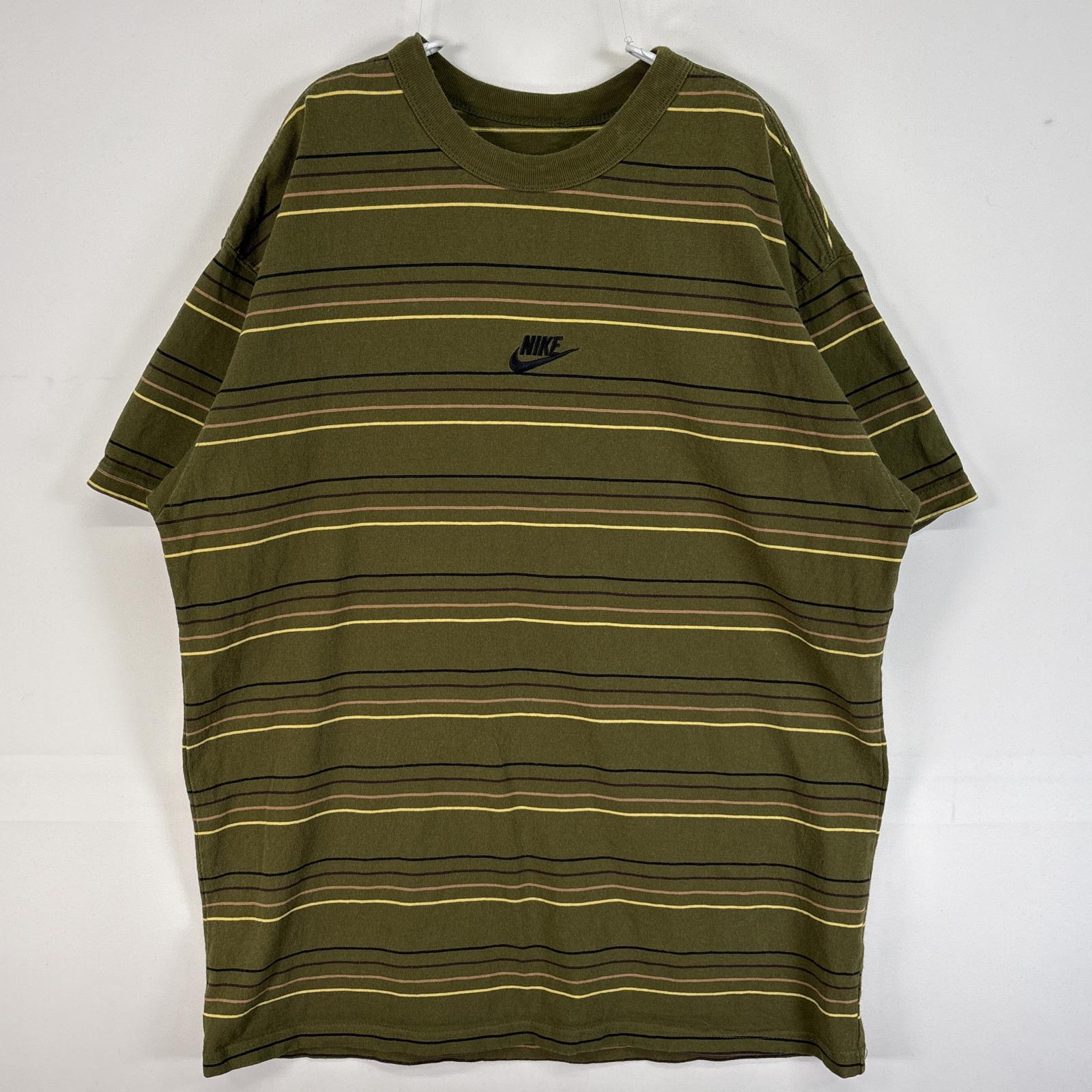 古着 半袖Tシャツ ボーダー センター ロゴ 刺繍 肉厚 M カーキ マルチカラー メンズ