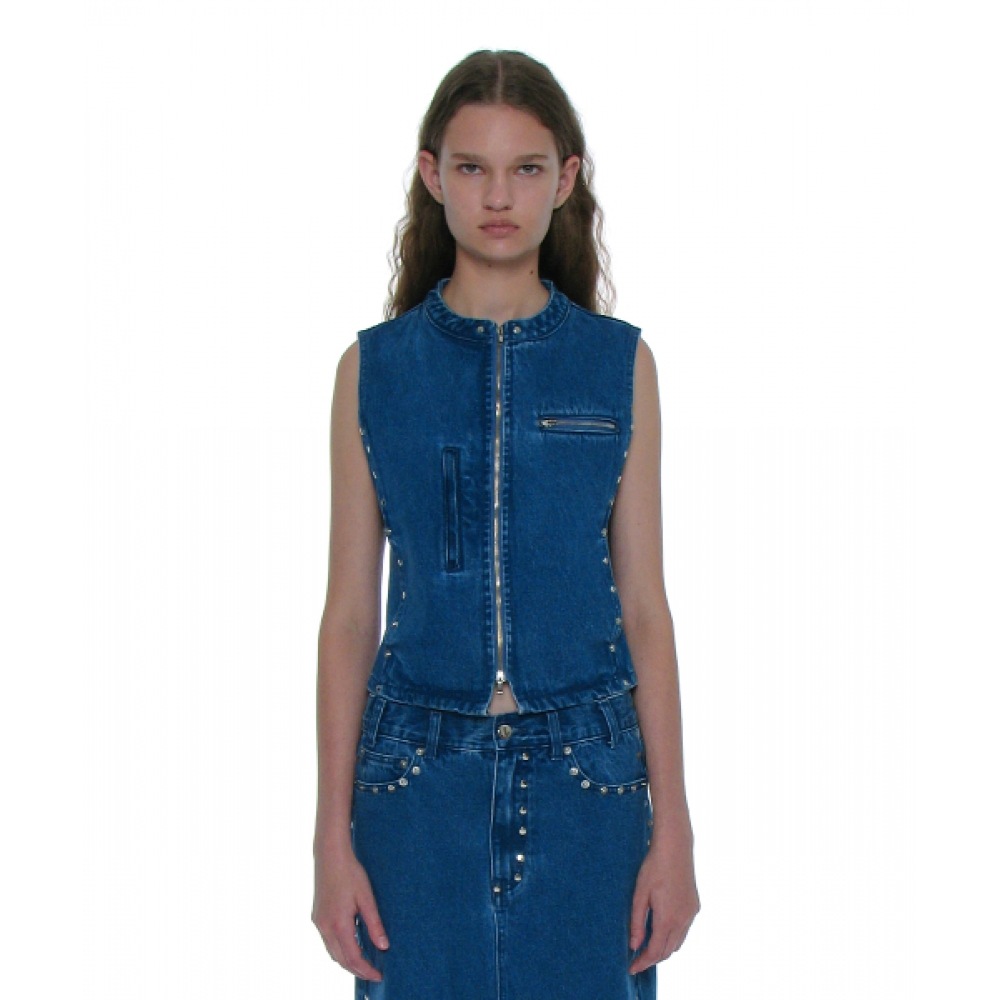 PARTIMENTO 女性用スタッズ付きジップアップデニムジャケット_ミッドブルー