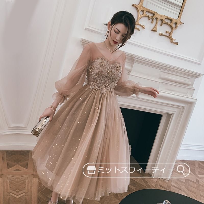 カラードレス ウエディングドレス パーティードレス ミニドレス 長袖 演奏会 発表会 花嫁 イブニン