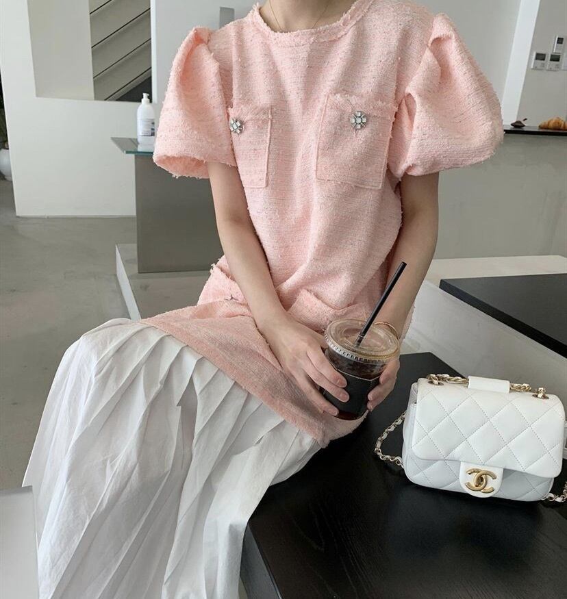 【送料無料】レディース パッチワーク プリーツ ワンピース パフスリーブ ロングワンピース