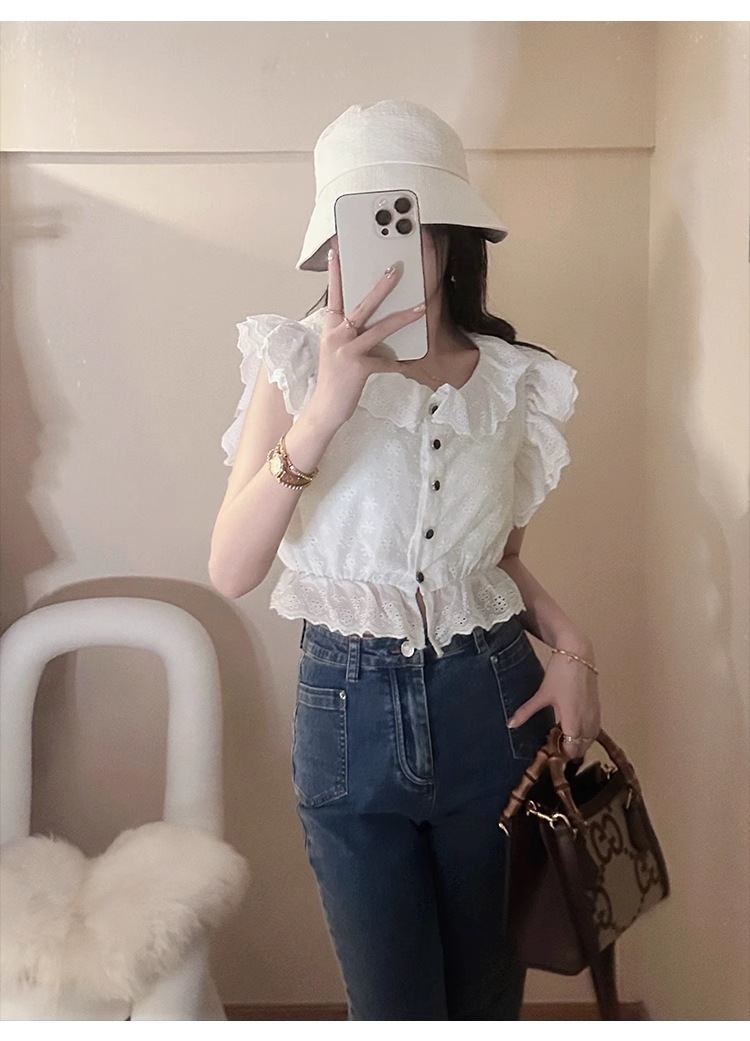 ホット ガール フリル 白 シャツ 女性 ウエスト ショート ボタン シック トップ 個性的 トップス シャツ ブラウス 白シャツ 白トップス 袖なし ノースリーブ ラウンドネック 襟付き かわいい