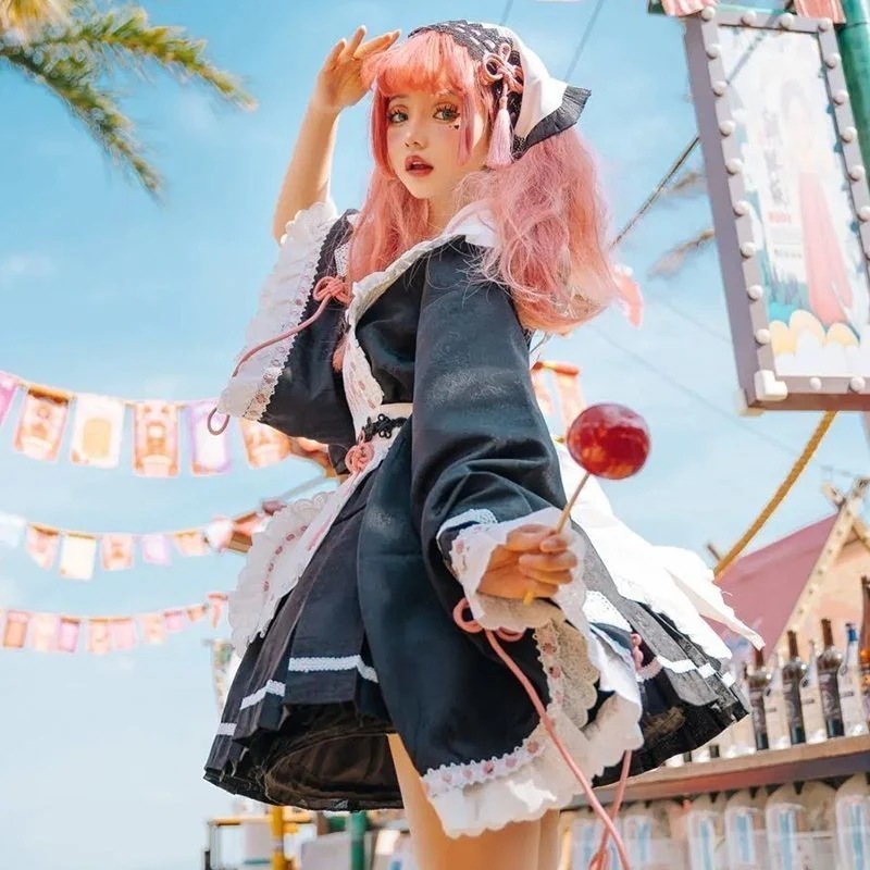 和服コスチュームコスチュームロリータデイリーキュートなライトロースカートワンピースセット 桜を探すロリータ