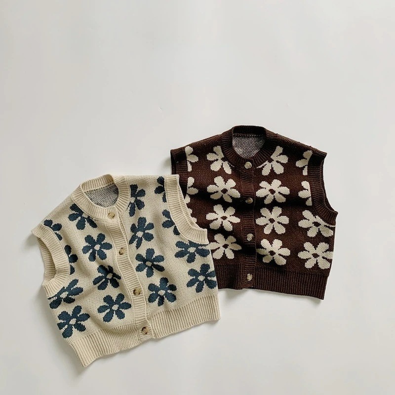 韓国版子供服，ベビー服，春と秋の赤ちゃんチョッキ着，女の子の赤ちゃんのレトロな花のニットコート，赤ちゃんのセーター アウター