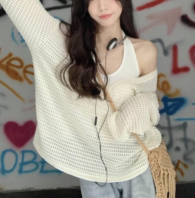 レディース トップス カットソー 長袖 萌袖 Vネック 襟なし かぎ針編み 薄手 かわいい シンプル カジュアル おしゃれ ラフ ガーリー 存在感 ベーシック ナチュラル リラックス 無地 春 夏 秋