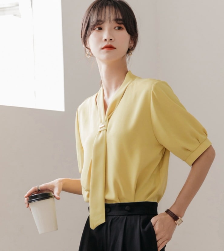 トップス デート モテアイテム シャツ ブラウス 五分袖 タイ付き シフォン 可愛い きれいめ 上品 おしゃれ かっこいい 可愛い ラブリー キュート ガーリー クール モード系 セクシー