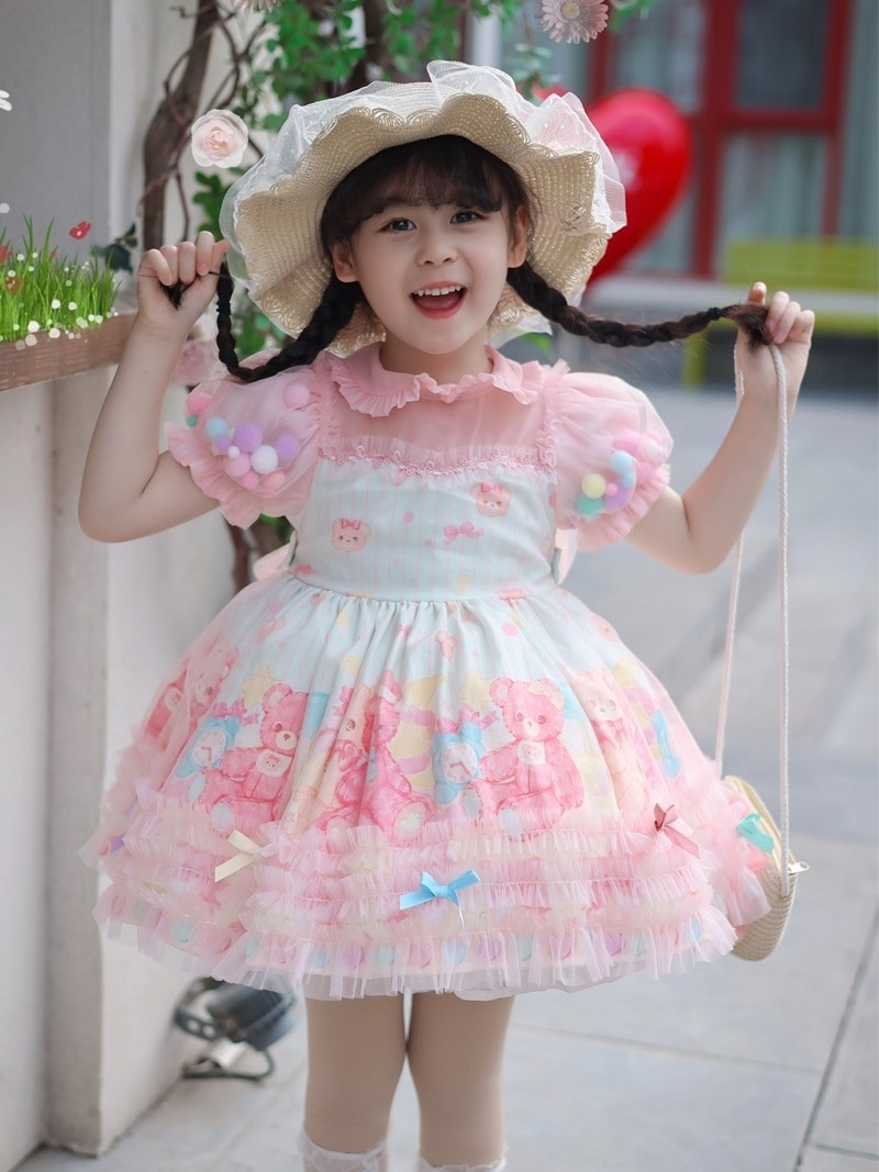 レインボーカラープリンセスドレスロリータパフスリーブドレスメッシュスカートサマードレス