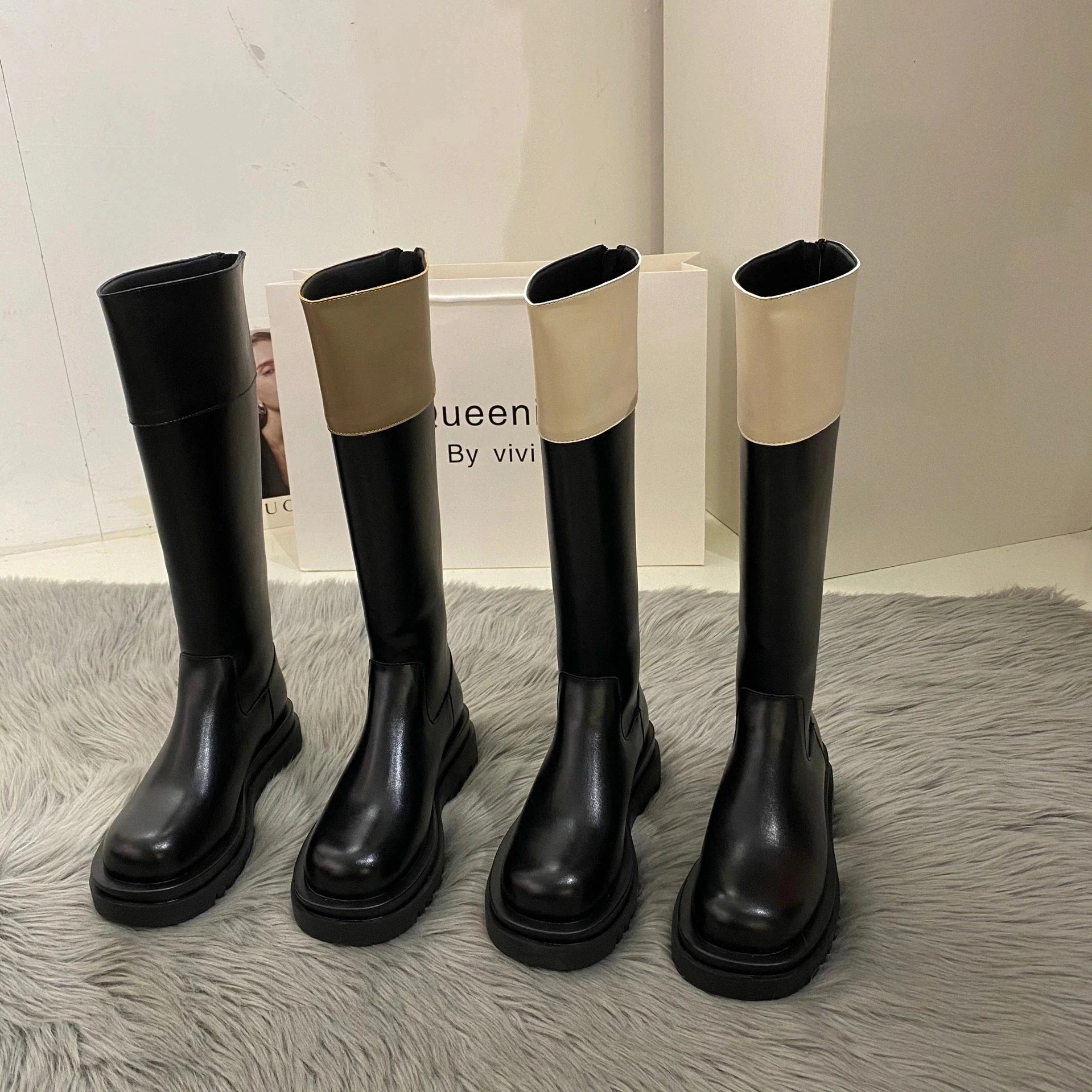 ロングブーツが復活ロングブーツ厚底にカラーを合わせたライダースブーツ小柄ミドルブーツ