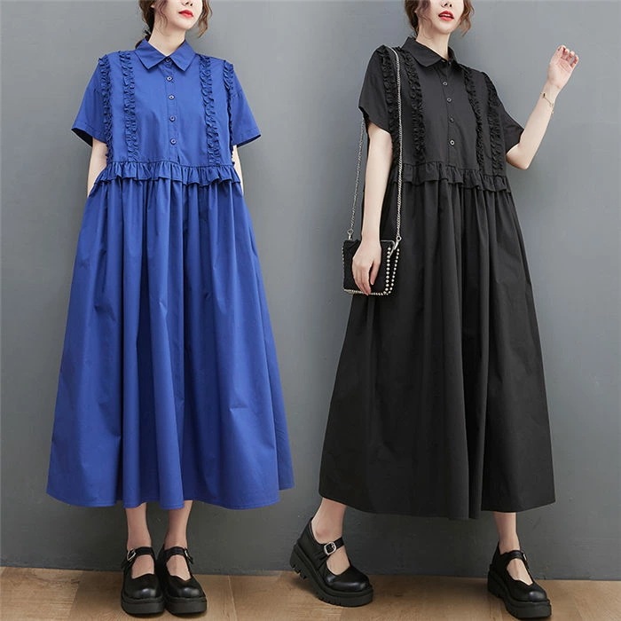 ロングワンピース レディース 半袖 ワンピース ロング丈 夏 半そで フリル 夏ワンピ シャツワンピース ロングワンピ 無地 大きいサイズ ゆったり 体型カバー カジュアル ミモレ丈 着痩せ 通勤