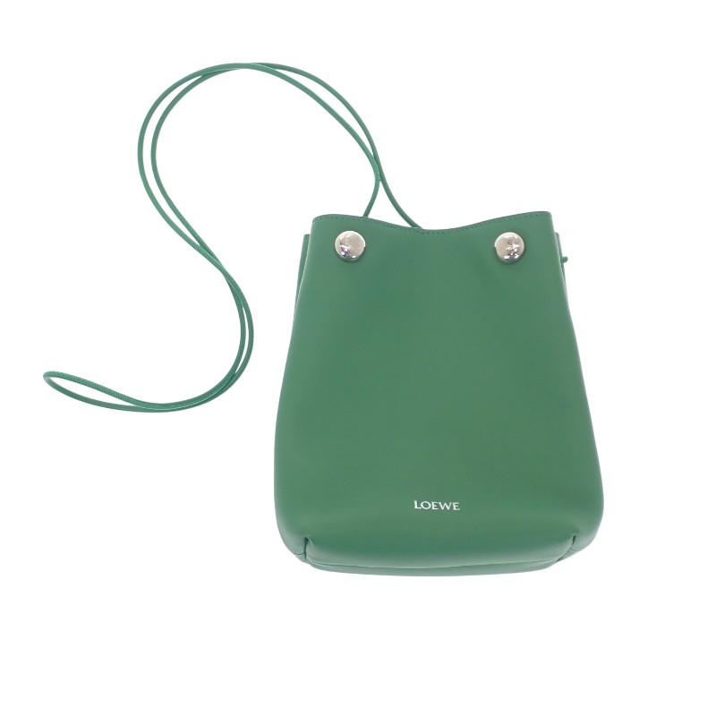 ペブルポーチ CANBSPPX01 ショルダーバッグ カーフ グリーン 緑 シルバー金具 レディース 上品【Aランク】