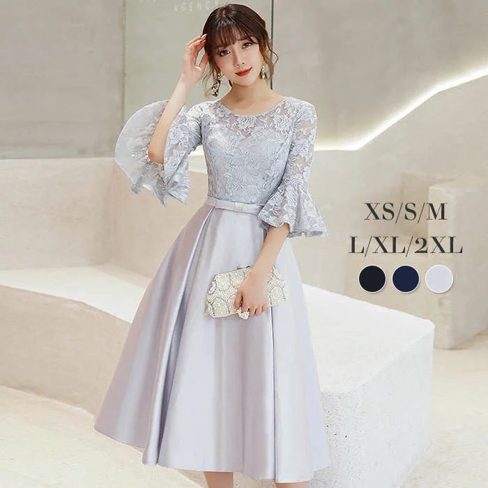 パーティードレスかっこいい袖ありパーティドレスワンピースドレス結婚式二次会お呼ばれ膝丈半袖五分袖ファスナーフォーマルドレスレース女子会成人式卒業式同窓会謝会演奏会披露宴