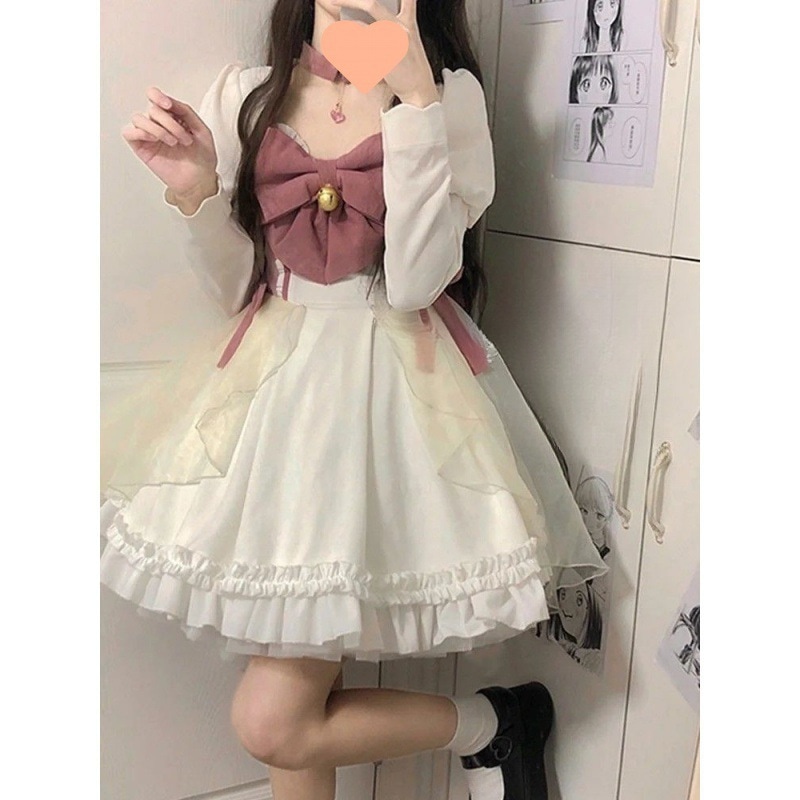 ロリータ リボンウエストの甘くて可愛いロリータスーツフリルサスペンダースカートショートパフスリーブジャケット2点セット