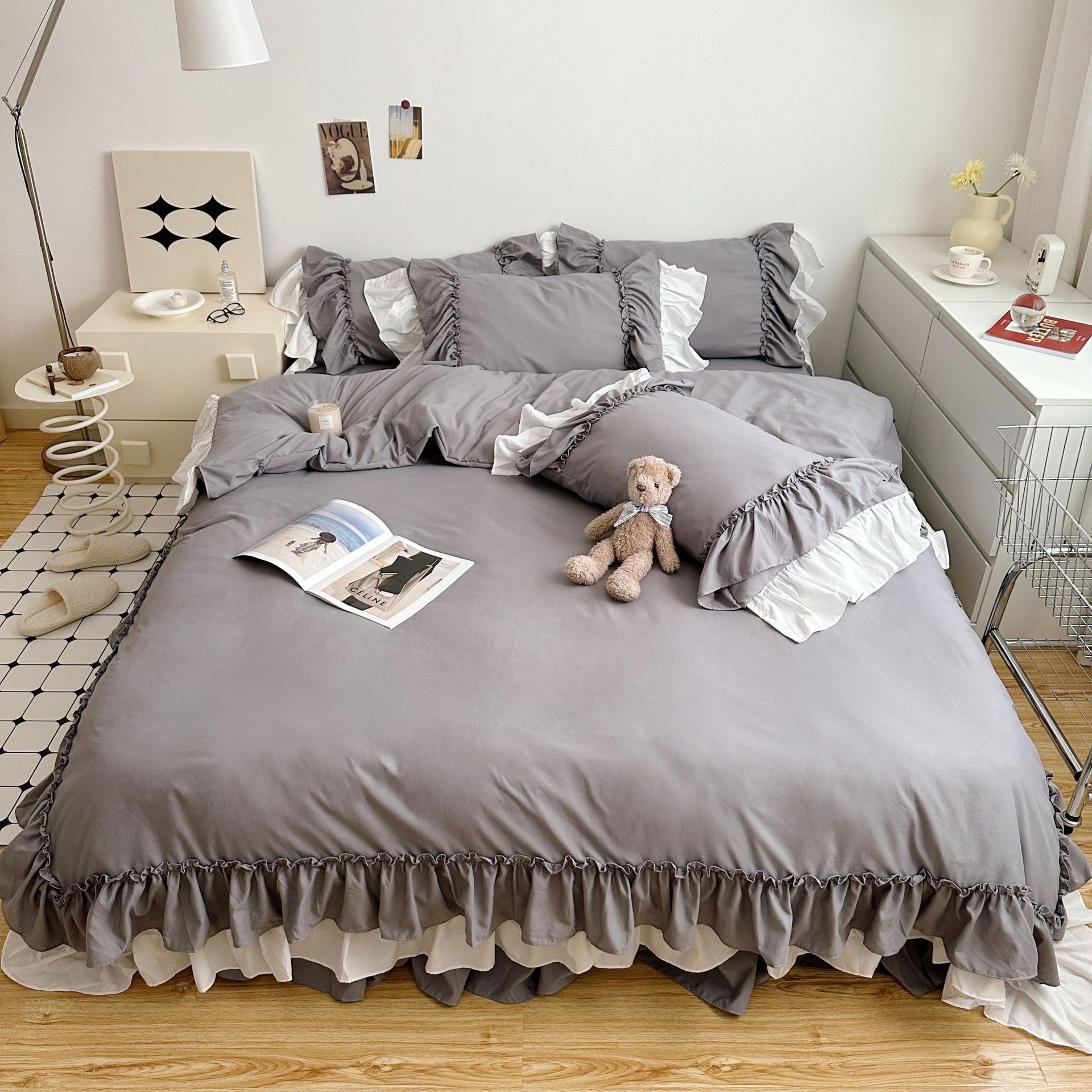 4点セット 2024 日本サイズ 韓国ファッション プリンセス風 フリル ベッドスカート 綿 抗菌 快適性 通気性良い 布団カバー 枕カバー シーツ 3点セット 寝具
