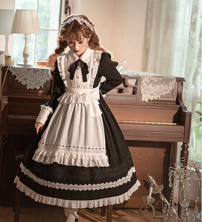 【急速出荷】ロリータ メイド 3点セット 秋冬 長袖 コスプレ ワンピース エプロン ゴシック 可愛い エレガント 華麗 豪華 ふんわり スカート ボリューム メイド服 メイド喫茶 メイドカフェ レデ