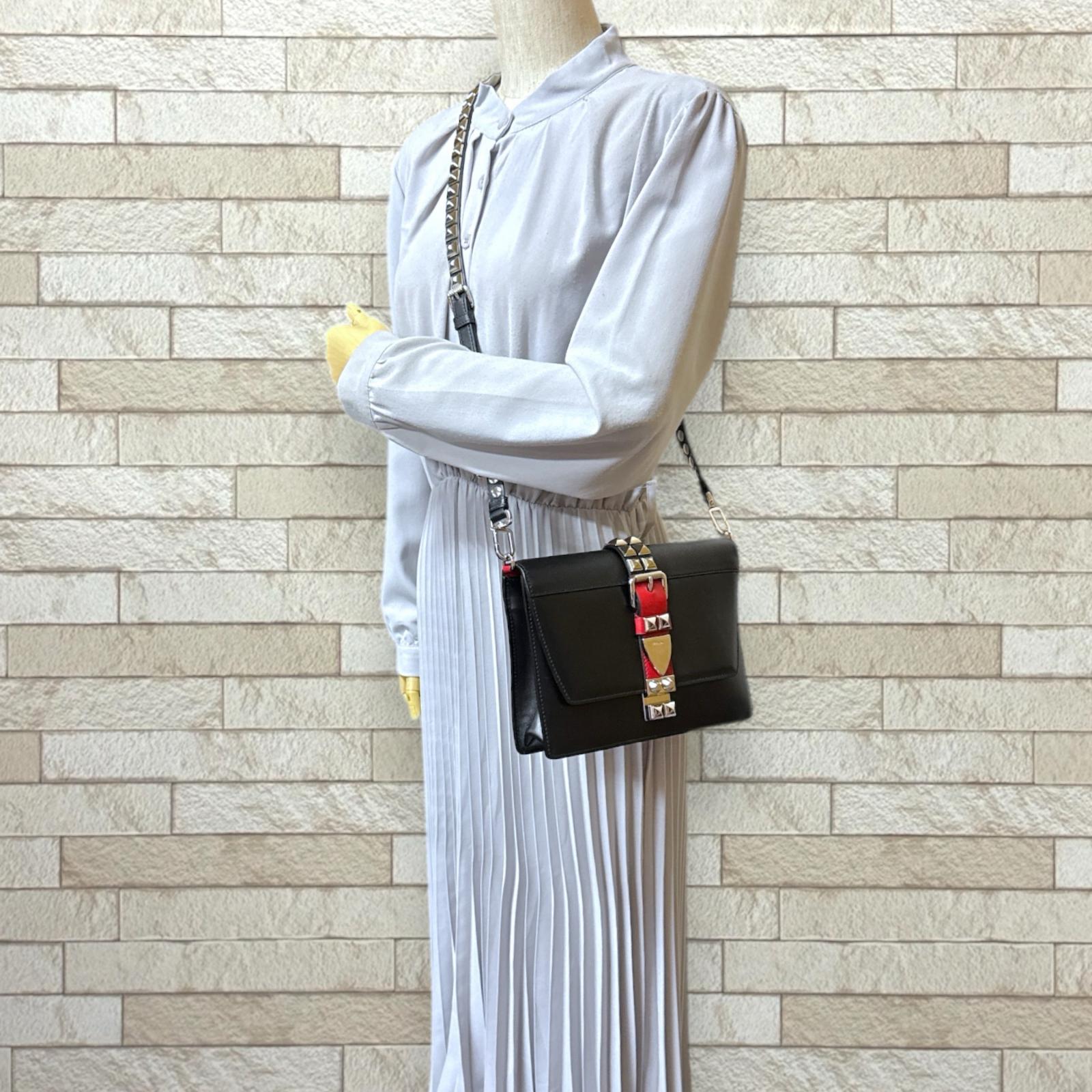 プラダ エレクトラスタッズ サフィアーノ ショルダーバッグ レザー 1BD120 ブラック PRADA 中古