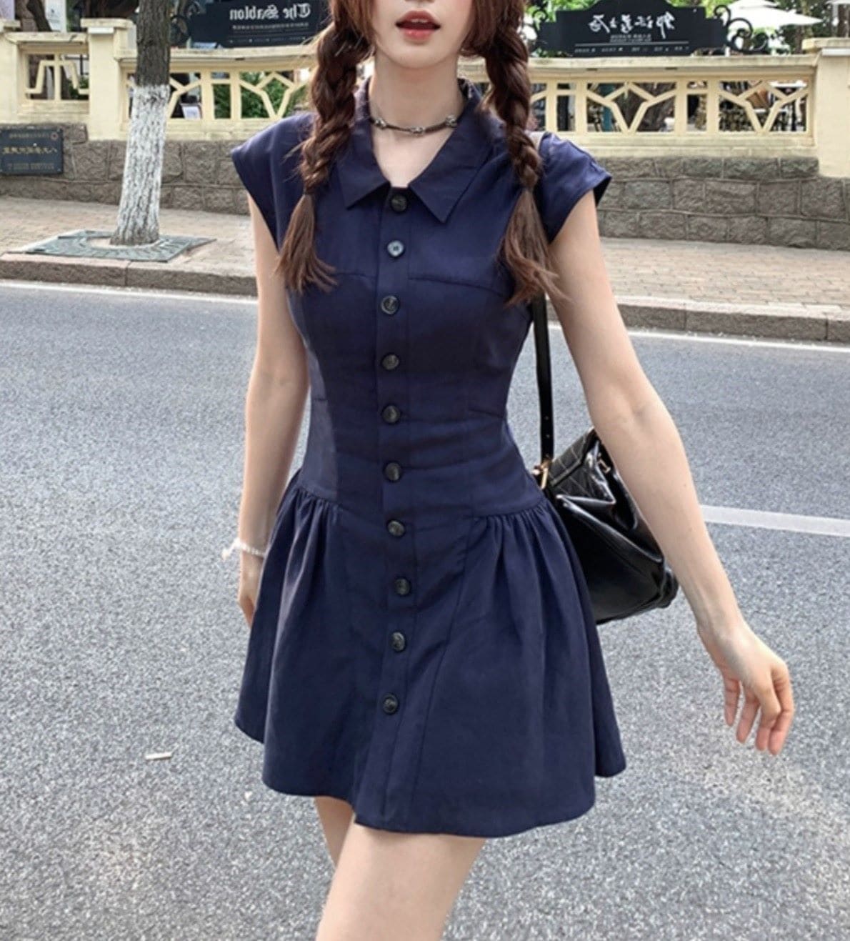 ワンピース シャツワンピース プルオーバー ショート丈 ノースリーブ 襟付き フレア プリーツ ハイウエスト 薄手 大人可愛い おしゃれ 大人女子 ラブリー 無地 春 夏 レディース デート