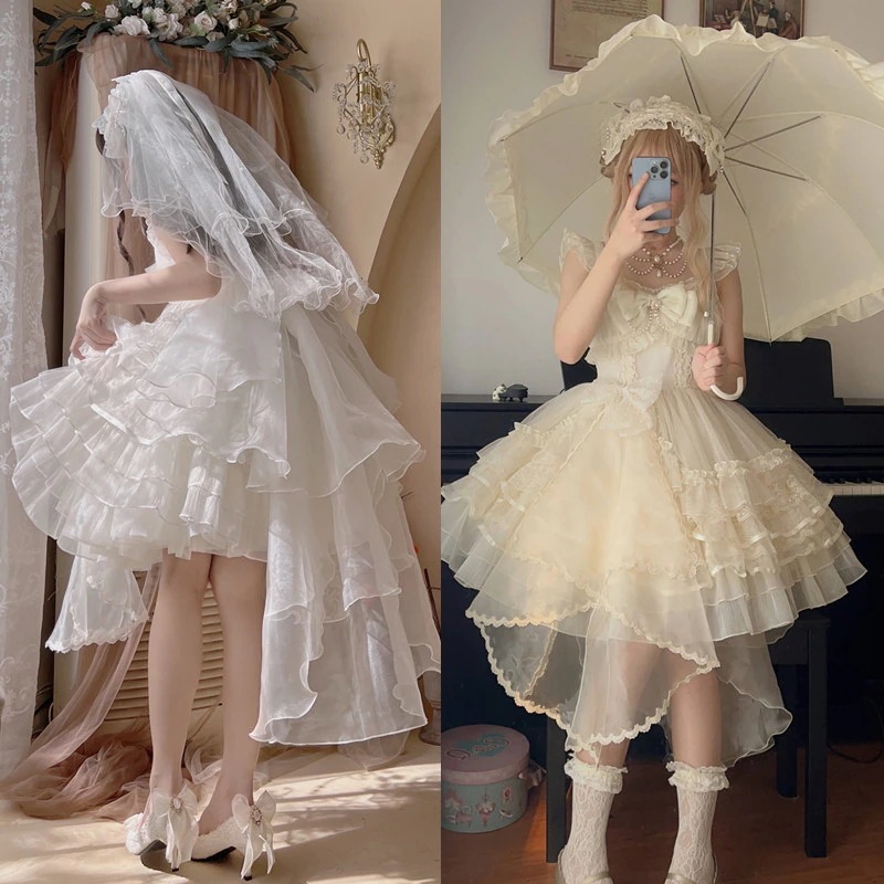 コスプレ 袖なし リボン キャミワンピース チュール ドールスカート トレーン付き 花嫁 ロリータドレス 【品番：月影星河夢】お姫様
