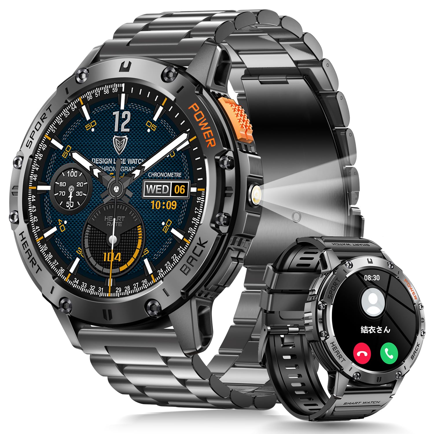 スマートウォッチ 1.43インチAMOLED大画面【2025年究極進化 懐中電灯 2種ベルト付き 軍用規格 常時表示】スポーツウォッチ 時間設定 耐衝撃 Bluetooth5.3通話 iPhone ア