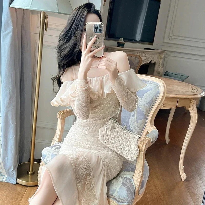 秋 オフ ロングワンピース フリル マーメイド パーティー キャバ 着痩せ 大人 同窓会 披露宴 卒業式 結婚式 演奏会 ウェディング 二次会 発表会