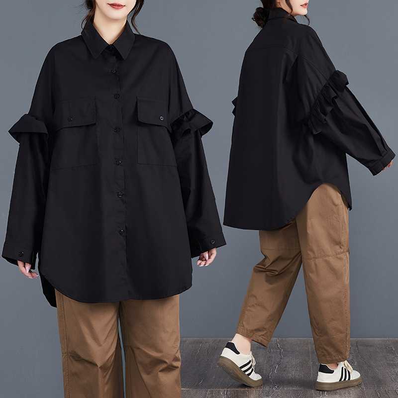 【送料無料】24 ロングブラウス モード系　フリル飾り 大きいポケット 体型カバー 個性　大きいサイズ レディース シャツ