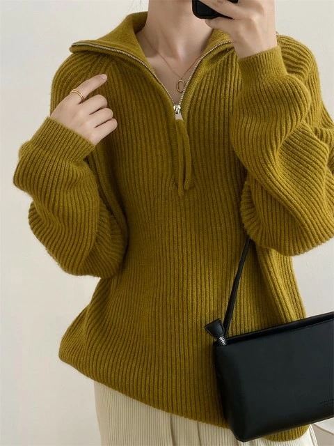 ニットトップス セーター ジッパー 長袖大きいサイズ レディース 平干し ニット ニットセーター vネック カーディガン knit sweater