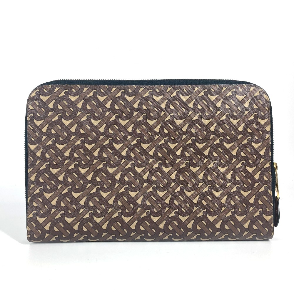 クラッチバッグ TB ロゴ カバン セカンドバッグ ポーチ レザー/キャンバス ブラウン