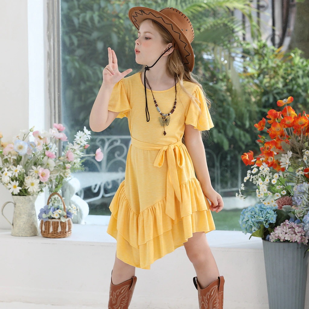 フリル付きのボヘミアンガールズドレス子供服ホリデースタイルヒッピーカウボーイスタイルパフォーマンスウェアパーティードレス