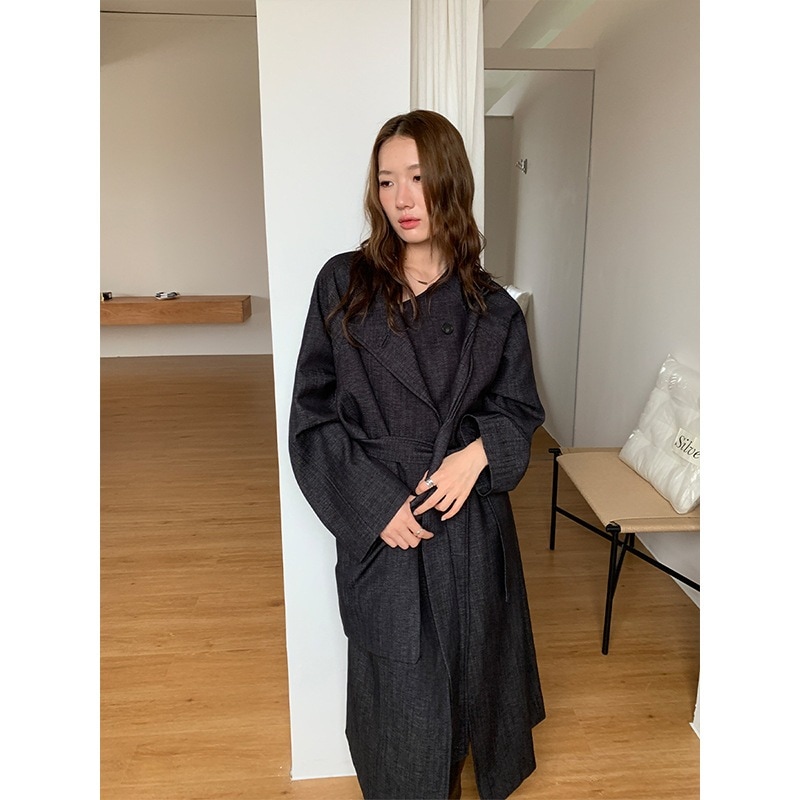 バッグ付き ミニマル スタンドカラー ウインドブレーカー 女性用 2025 シルエット ロングコート 5633