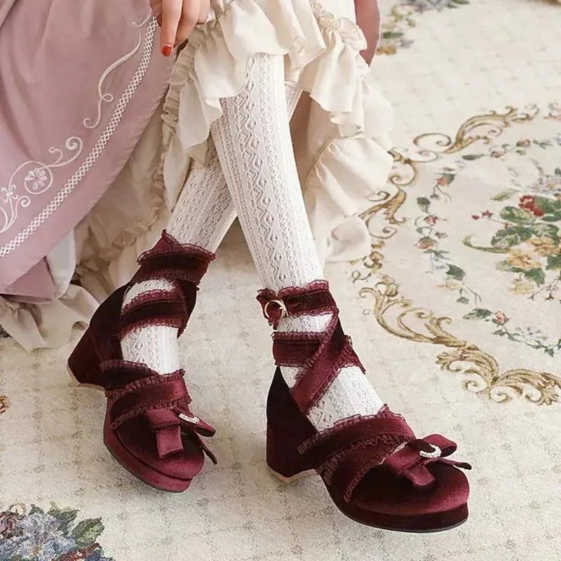 ロリータ森レトロクロスストラップゴールドベルベットプリンセスドレス漢服チャイナハイヒールローシューズ婦人靴